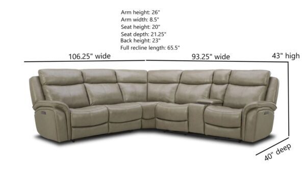 Grant 6 Piece Power Leather Sectional In Cobblestone - Image 3