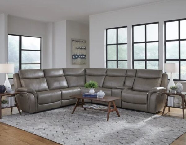 Grant 6 Piece Power Leather Sectional In Cobblestone - Image 4